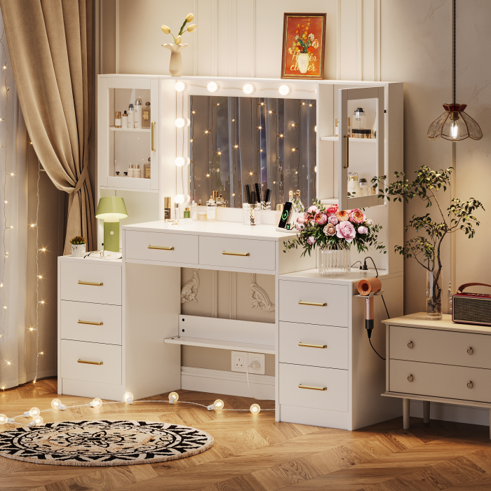 UGTOO Modern White Makeup Vanity Desk with Lighted Mirror & Charging Station (7 Style Options)