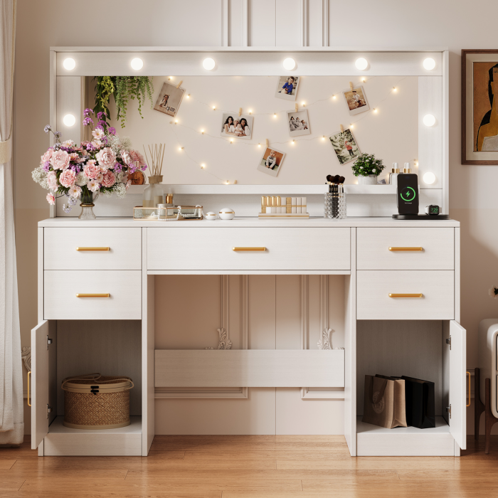 UGTOO Modern White Makeup Vanity Desk with Lighted Mirror & Charging Station (7 Style Options)