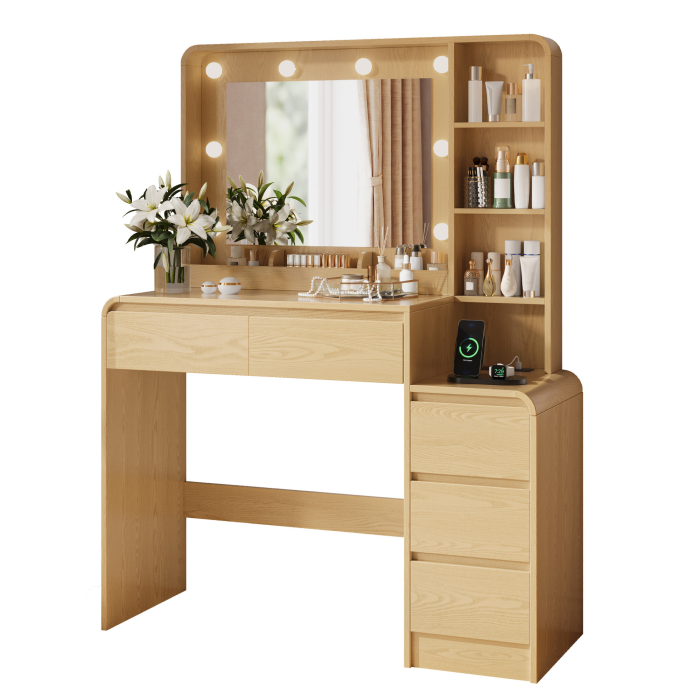 UGTOO Modern Makeup Vanity Desk with 3-Color Lighted Mirror, Charging Station & 5 Drawers