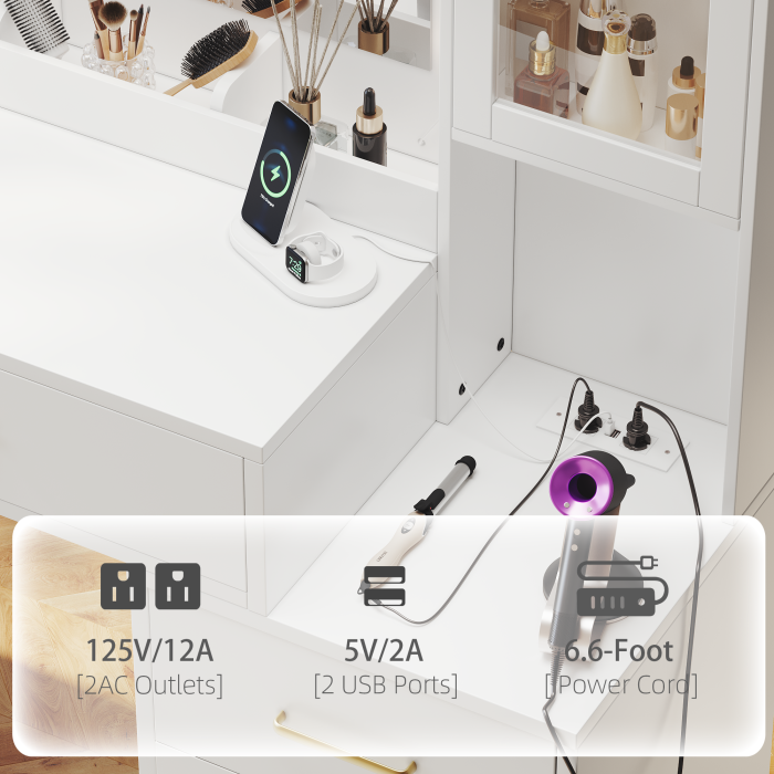 UGTOO Modern White Makeup Vanity Desk with Lighted Mirror & Charging Station (7 Style Options)