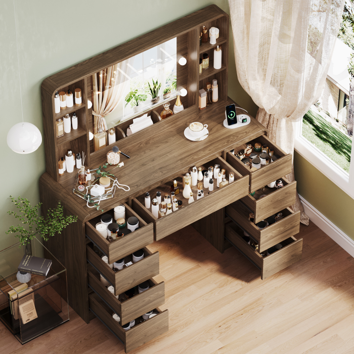 UGTOO 44.8Inch LED Vanity Desk with 5 Drawers 2 Dust Cabinets & Charging Station