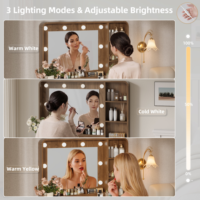UGTOO Modern Makeup Vanity Desk with 3-Color Lighted Mirror, Charging Station & 5 Drawers