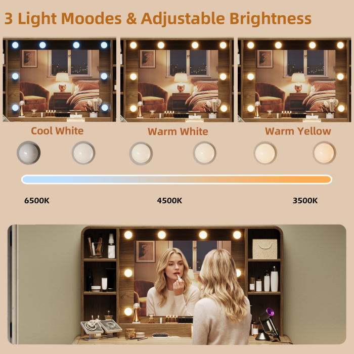 UGTOO 44.8Inch LED Vanity Desk with 5 Drawers 2 Dust Cabinets & Charging Station
