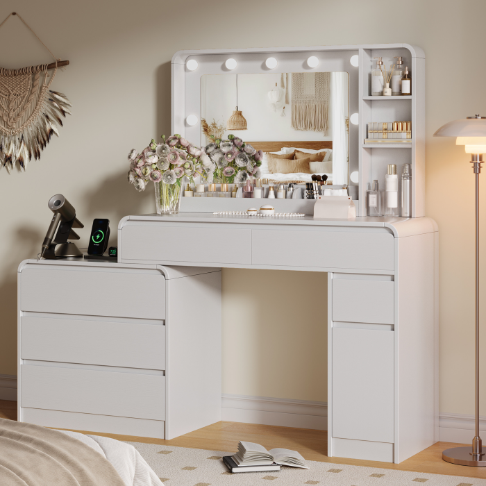 UGTOO Modern White Makeup Vanity Desk with Lighted Mirror & Charging Station (7 Style Options)