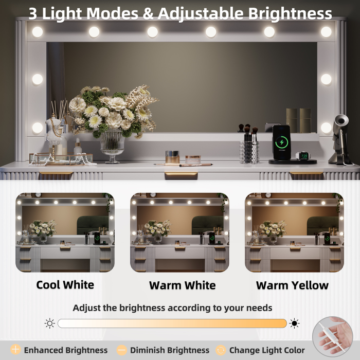 UGTOO Modern White Makeup Vanity Desk with Lighted Mirror & Charging Station (7 Style Options)
