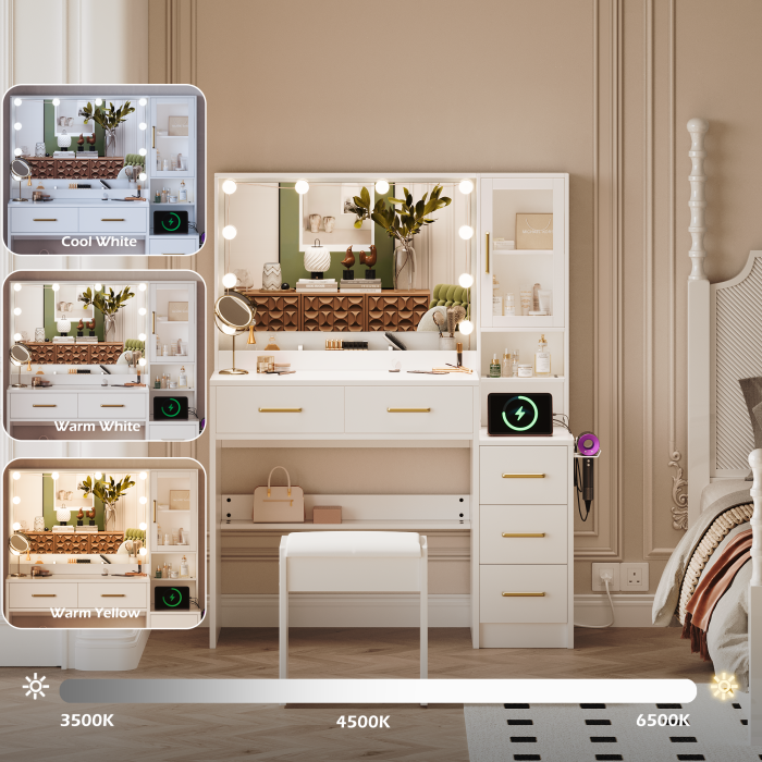 UGTOO Makeup Vanity Desk Set with 3-Color Lighted Mirror, Charging Station & Cushioned Stool