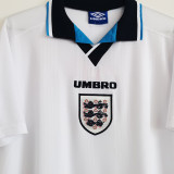 1996 England Home White Retro Long Sleeve Soccer Jersey