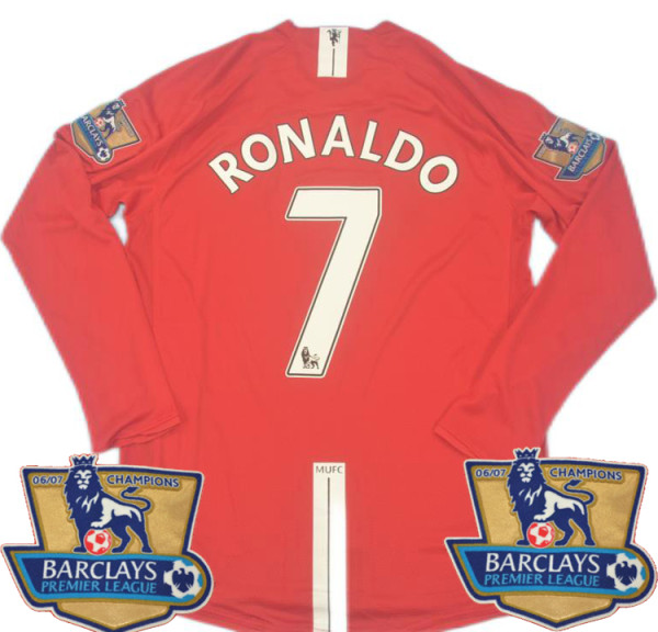 RONALDO #7 2007-08 M Utd Home Red Long Sleeve Retro Jersey League Version 联赛版带06/07英超双金章 ★★