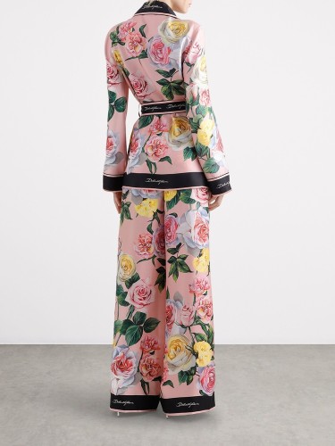 NIGO Dolce&Gabbana Women's Autumn/winter Floral Print Silk Satin Blouse  Shirt With Belted Collar Straight-leg Casual Trousers Pants Set Suit  Ngvp #nigo2628