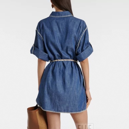 NIGO Zimmermann Women's Spring Summer Solid Colour Tassel Belt Denim Single Breasted Short Sleeve Dresses #nigo76731