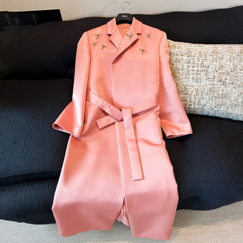 NIGO Dior Women's Spring And Autumn Dragonfly Embroidery Lapel Silk Hair Belted Coat Fashion Elegant Long Coat Belted Jacket Ngvp #nigo1736