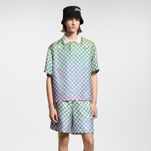 NIGO Louis Vuitton Men's Spring/Summer Damier Gradient Printed Mulberry Silk Short Sleeve Polo Shirt Casual Elastic Waist Shorts #nigo81171