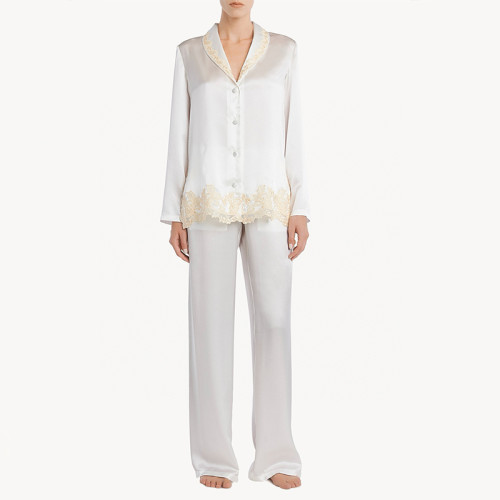 NIGO Laperla Women's Spring Lace Embroidery Pajamas Solid Color Lapel Silk Long Sleeve Loungewear Set Suit Ngvp #nigo1821