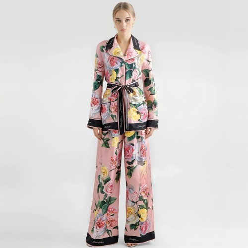 NIGO Dolce&Gabbana Women's Autumn/winter Floral Print Silk Satin Blouse  Shirt With Belted Collar Straight-leg Casual Trousers Pants Set Suit  Ngvp #nigo2628
