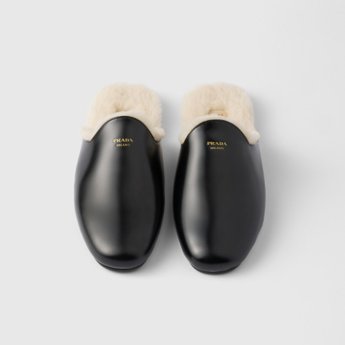 NIGO Prada Women's Fall/winter Fashion Casual Round Toe Slip On Leather Suede Fleece Lined Mule Shoes Half Slip On Slippers Shoes #nigo79259