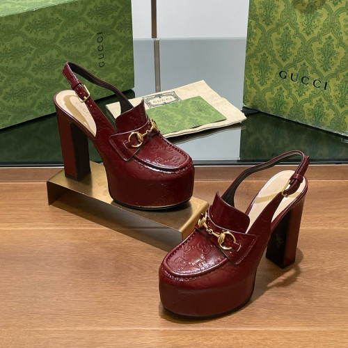 NIGO Gucci Women's Monogram Printed Solid Color Leather Buckle Round Toe Chunky High Heels Shoes #nigo75398