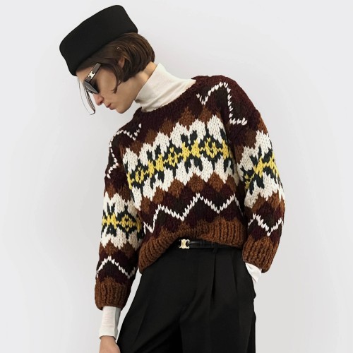 NIGO Celine TRIOMPHE Men's And Women's Autumn/winter Fashion Casual Crew Neck Pullover Fair Isle Jacquard Wool Sweater #nigo79294