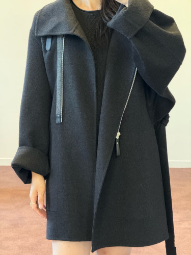 NIGO Hermes Women's Double-Faced Cashmere Mid-Length Coat Autumn/Winter Solid Color Collar Zipper Tie-Front Straight-Cut Jacket Ngvp #nigo2577
