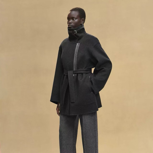 NIGO Hermes Women's Double-Faced Cashmere Mid-Length Coat Autumn/Winter Solid Color Collar Zipper Tie-Front Straight-Cut Jacket Ngvp #nigo2577