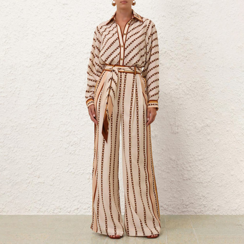 NIGO Zimmermann Women's Summer Bow Tie Neckline Chain Print Single Breasted Long Sleeved Shirt Casual Wide Leg Pants Suit Set #nigo76595