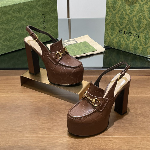 NIGO Gucci Women's Monogram Printed Solid Color Leather Buckle Round Toe Chunky High Heels Shoes #nigo75398