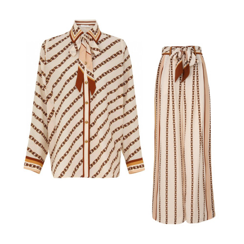 NIGO Zimmermann Women's Summer Bow Tie Neckline Chain Print Single Breasted Long Sleeved Shirt Casual Wide Leg Pants Suit Set #nigo76595