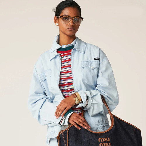 NIGO MiuMiu Women's Chambray Drawstring Hem Jacket Logo Spring Autumn Solid Color Cotton Loose Zipper Long Sleeve Coat #nigo81188