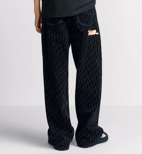 NIGO Dior Men's Dior And Kaws Collection Four-Season Cotton-Blend Solid-Color Button-Fly Flocked Denim Pants #nigo81751