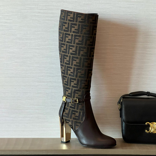 NIGO Fendi Women's Fall/Winter Fashion Classic Round Toe Leather FF Jacquard Fabric High Heel Knee High Boots Shoes #nigo79223
