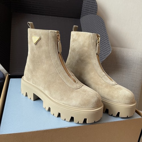 NIGO Prada Women's Fall/winter Fashion Classic Round Toe Slip On Suede Chunky Heel 4.5cm Classic Triangle Logo British Style Vintage Short Boots Shoes #nigo79234