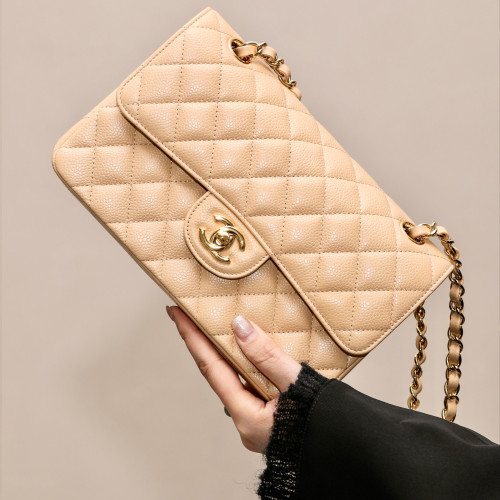 NIGO Chanel Classic Flap CF 23/25 Classic Chain Grainy Calfskin Mouth Cover Bag Shoulder Crossbody Medium Large Women's Beige Bag Bags A01112-Y01864-21209 #nigo81232