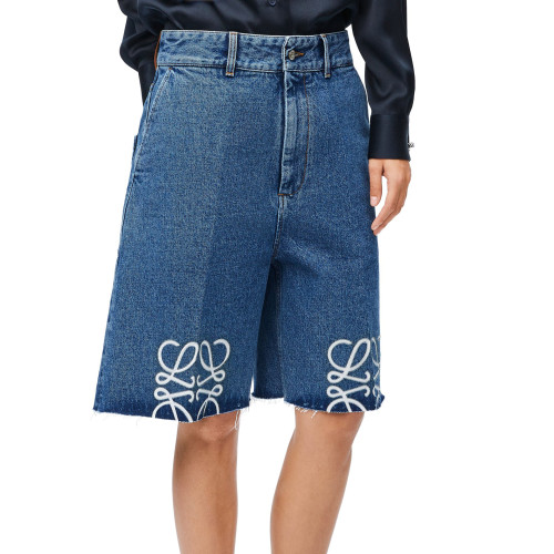 NIGO Loewe Women's Summer Blue Logo Label Straight Button Down Denim Shorts #nigo76583