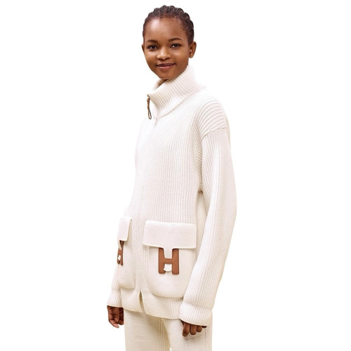 NIGO Hermes Women's Fall/Winter Fashion Casual High Neck Zipper Solid Color H Pocket Wool Sweater Coat Jacket #nigo79264