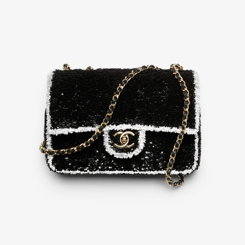 NIGO Chanel Autumn/winter Clutch Bag With Sequins And Gold Metal Accents Black And White Women's Crossbody Chain Bag Stylish Casual Elegant Bags  #Nigo82241A