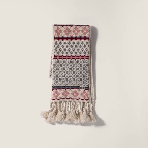 NIGO MiuMiu New AutumnWinter Women's Retro Pattern Scarf Off-white and light gray plaid base with diamond and reddish-brown lines, chunky knotted tassel scarf. #Nigo83193A