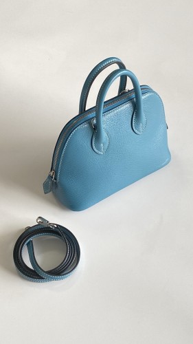 NIGO HERMES Bolide 1923 Silver Buckle Evercolor Calfskin Bowling Bag, Mini Handbag, Shoulder Bag, Crossbody Bag, Women's Style, D2 NEW BLEU JEAN #Nigo83225A