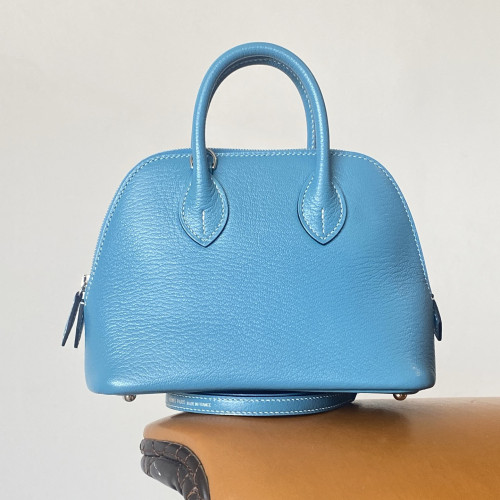 NIGO HERMES Bolide 1923 Silver Buckle Evercolor Calfskin Bowling Bag, Mini Handbag, Shoulder Bag, Crossbody Bag, Women's Style, D2 NEW BLEU JEAN #Nigo83225A