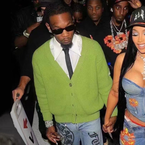 NIGO Chrome Hearts Men's Fall/Winter Avocado Green Waffle-Knit Silver-Button Cardigan Jacket #Nigo82265A