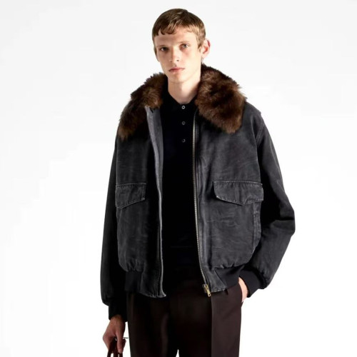 NIGO Prada Men's Fall And Winter Hair Collar Black Cotton Jacket Fashion Trend Warm Casual Zipper Short Jacket Coat  #Nigo82288A