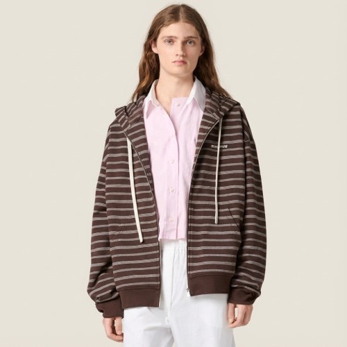NIGO MiuMiu Women's Autumn/winter Brown Striped Cotton Fleece Hooded Jacket Knit Fashion Drawstring Trendy Casual Zipper Sweatshirt Jacket #Nigo82275A