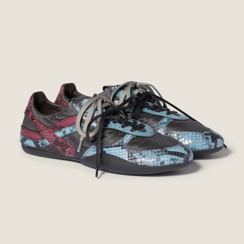 NIGO MiuMiu Gymnasium Tech Fabric & Python-Print Ayers Leather Sneakers Women's  Shoes Fashionable Color-Blocked Lace-Up Sneakers #Nigo82279A