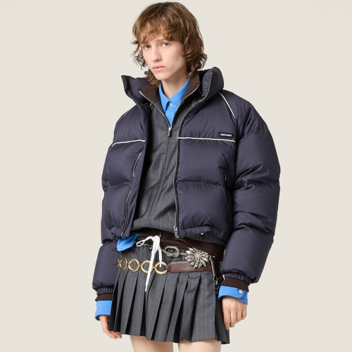 NIGO MiuMiu Tech Pongé Down Jacket Women's Fashion Short Stand Collar Drawstring Down Coat Stylish Casual Jacket #Nigo82278A