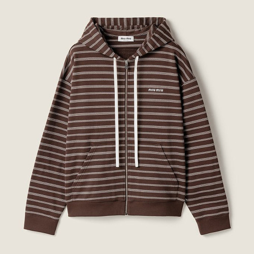 NIGO MiuMiu Women's Autumn/winter Brown Striped Cotton Fleece Hooded Jacket Knit Fashion Drawstring Trendy Casual Zipper Sweatshirt Jacket #Nigo82275A