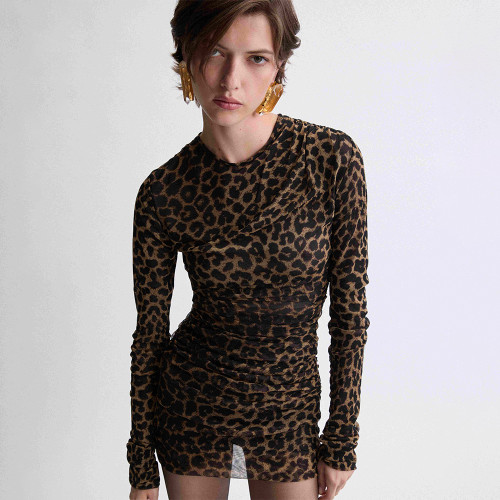 NIGO Saint Laurent  Dresses Women's Sexy Leopard Print Long-sleeve Mini Dress Fashionable Exquisite, Trendy Short Dress #Nigo82271A