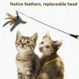 CFA Show Grade Wooden Handle Cat Teaser Wand Feather Bell Detachable Replaceable Head Durable Bite Resistant Pet Cat Toy