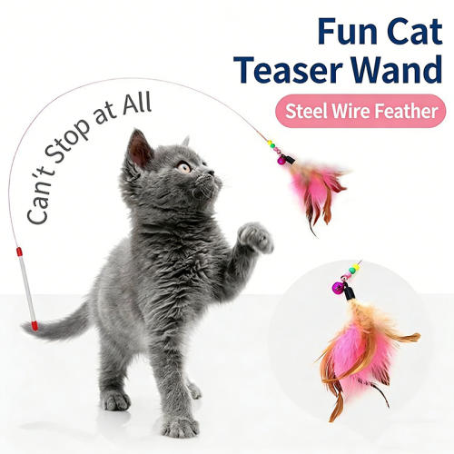 Steel Wire Cat Teaser Wand Colorful Feather with Bell Interactive Pet Cat Training Stick Toy