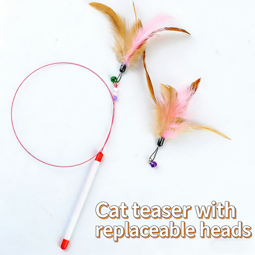 Steel Wire Cat Teaser Wand Colorful Feather with Bell Interactive Pet Cat Training Stick Toy