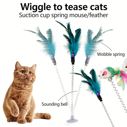 Colorful Suction Cup Cat Toy Mouse Spring Feather Teaser Wand Interactive Pet Cat Supplies