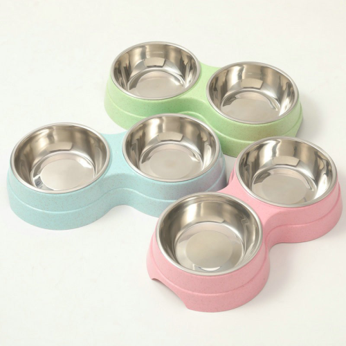 8-shaped Dual Pet Bowl Stainless Steel Integrated Cat Dog Feeder Basin for Kitten Puppy