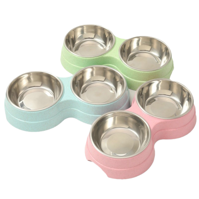 8-shaped Dual Pet Bowl Stainless Steel Integrated Cat Dog Feeder Basin for Kitten Puppy